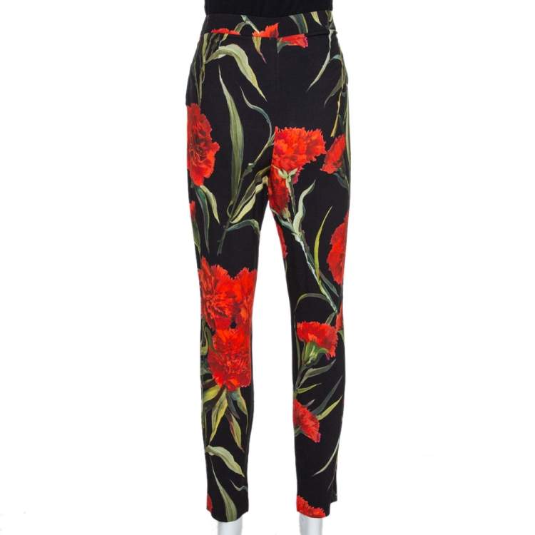 Pre Owned Dolce & Gabbana Black & Red Floral Printed Tapered Trousers M