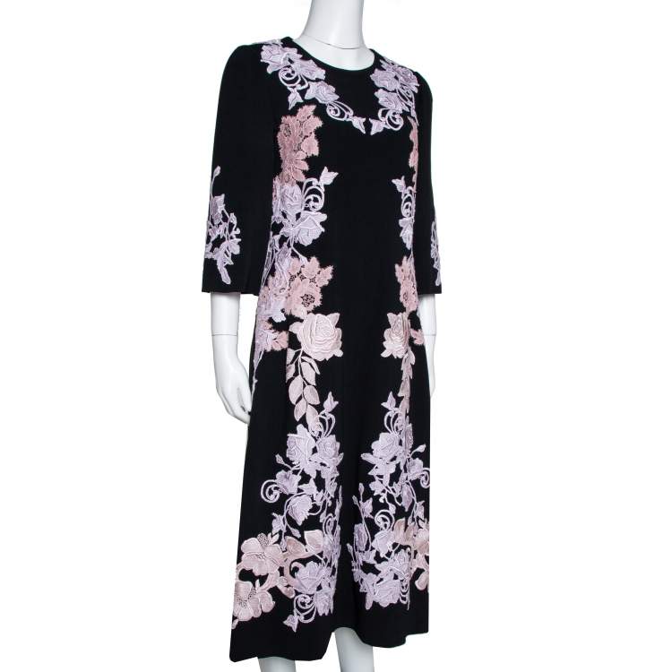 Pre Owned Dolce & Gabbana Black Crepe Floral Lace Appliqued Midi Dress M