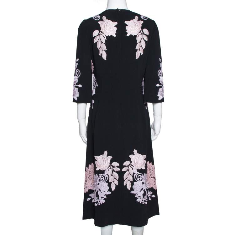 Pre Owned Dolce & Gabbana Black Crepe Floral Lace Appliqued Midi Dress M