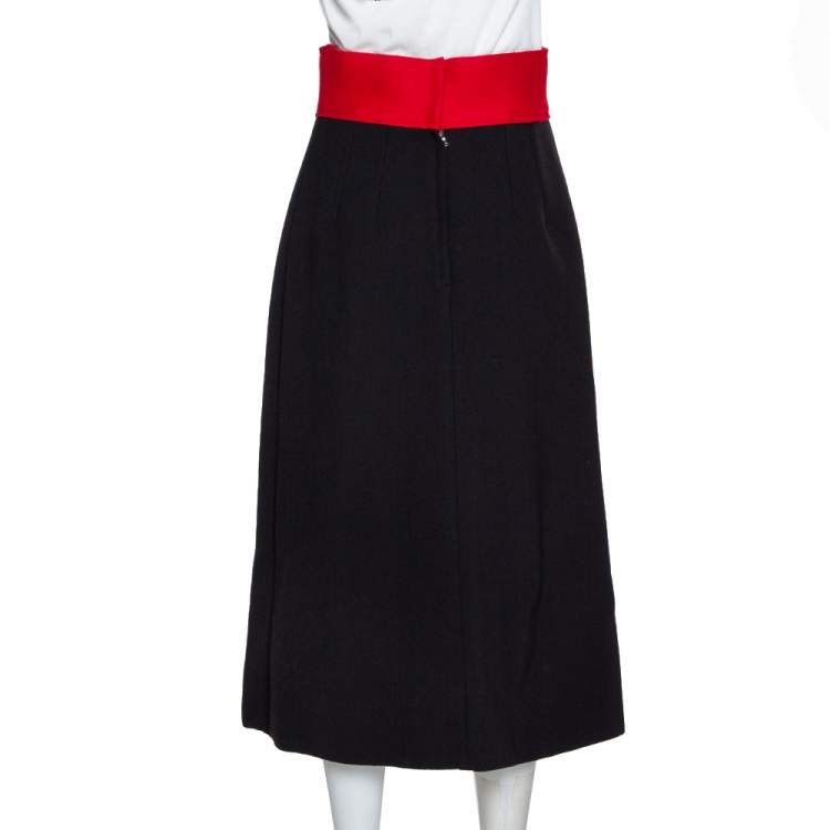 Pre Owned Dolce & Gabbana Black and Red Stretch Wool Button Detail Midi Skirt S