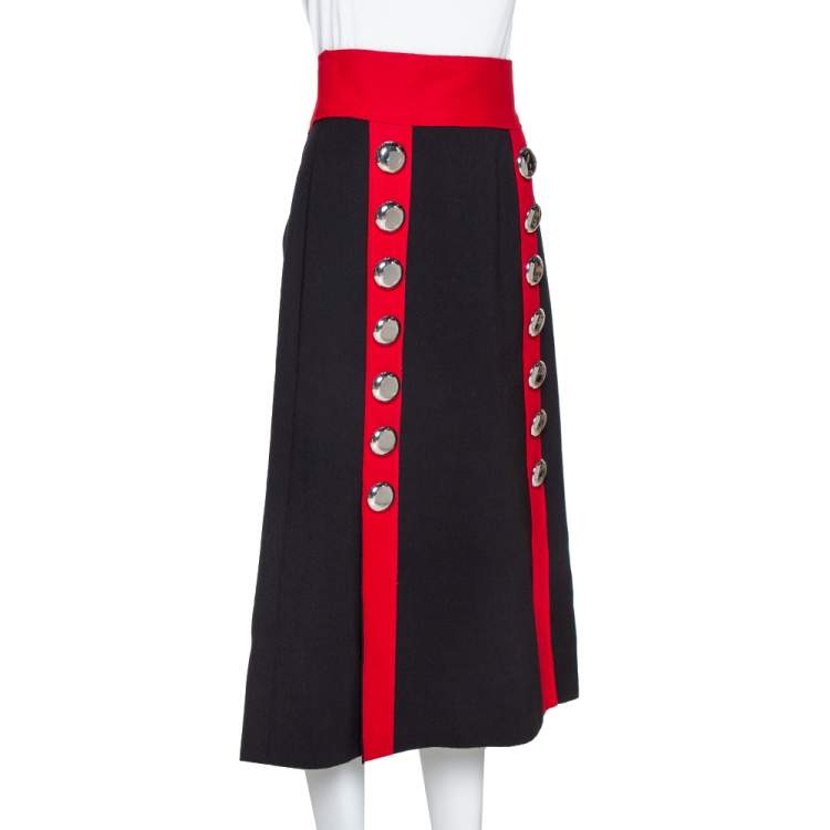Pre Owned Dolce & Gabbana Black and Red Stretch Wool Button Detail Midi Skirt S
