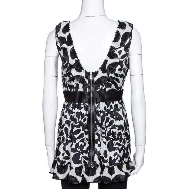 م�ملوكة مسبقًا Dolce & Gabbana Monochrome Leaf Print Silk Ruffled Top M