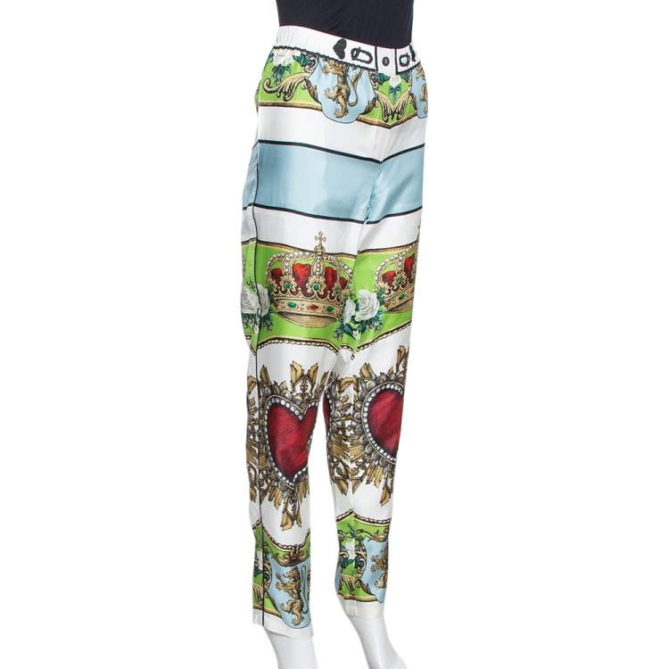 Pre Owned Dolce & Gabbana White Sacred Heart Print Silk Tapered Trousers S