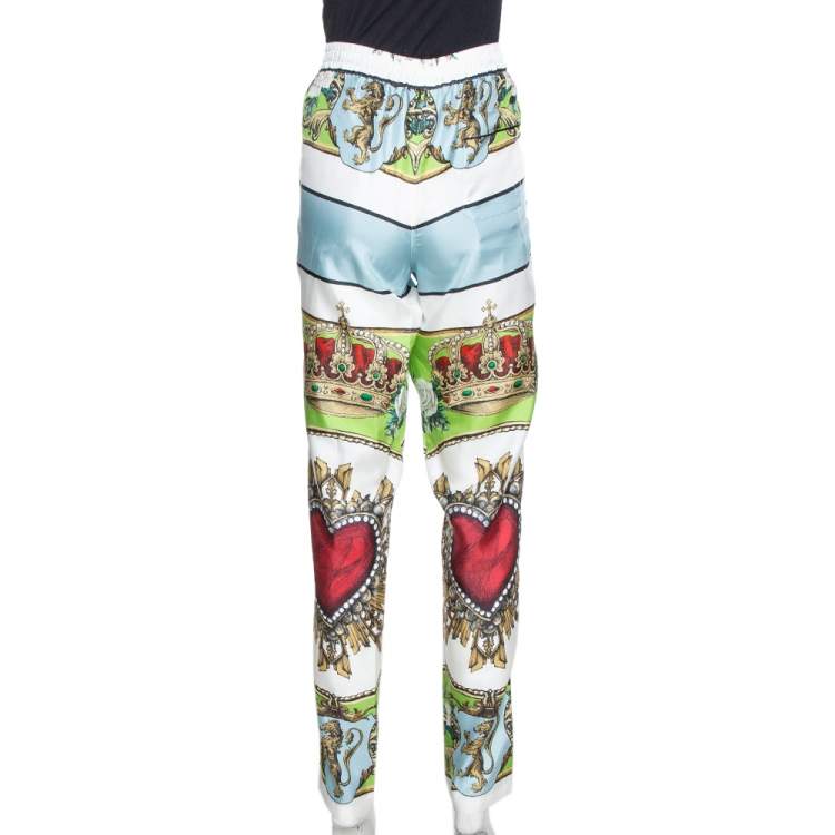 Pre Owned Dolce & Gabbana White Sacred Heart Print Silk Tapered Trousers S