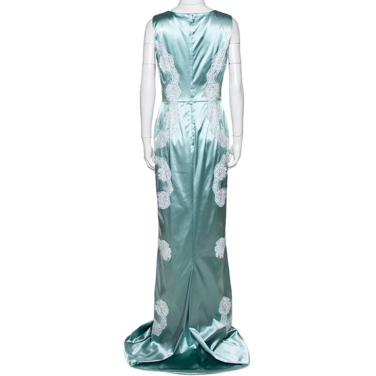 Pre Owned Dolce & Gabbana Light Blue Satin Lace Trim Gown L
