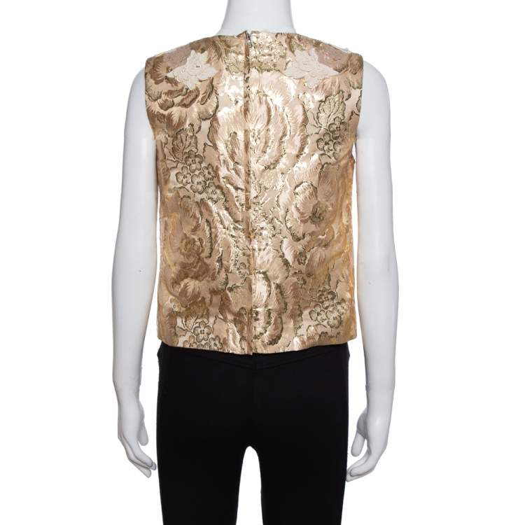 Pre Owned Dolce & Gabbana Gold Floral Brocade Lace Trim Blouse M