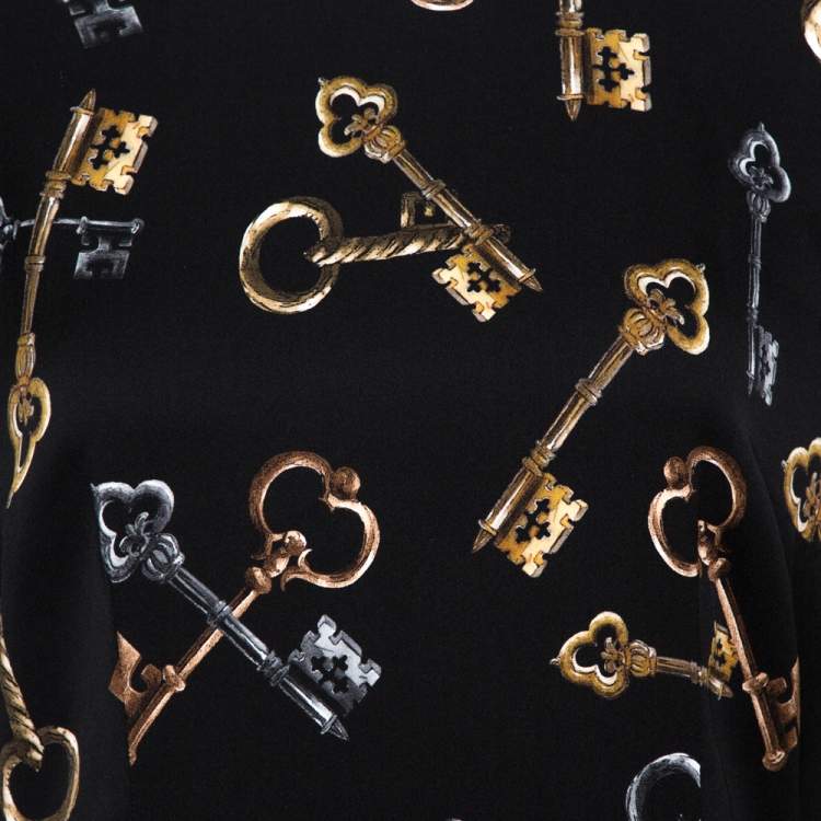 Pre Owned Dolce & Gabbana Black Keys Print Silk Long Sleeve Sheath Dress L