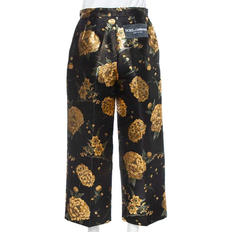 Pre Owned Dolce & Gabbana Black & Gold Floral Jacquard Cropped Trousers M