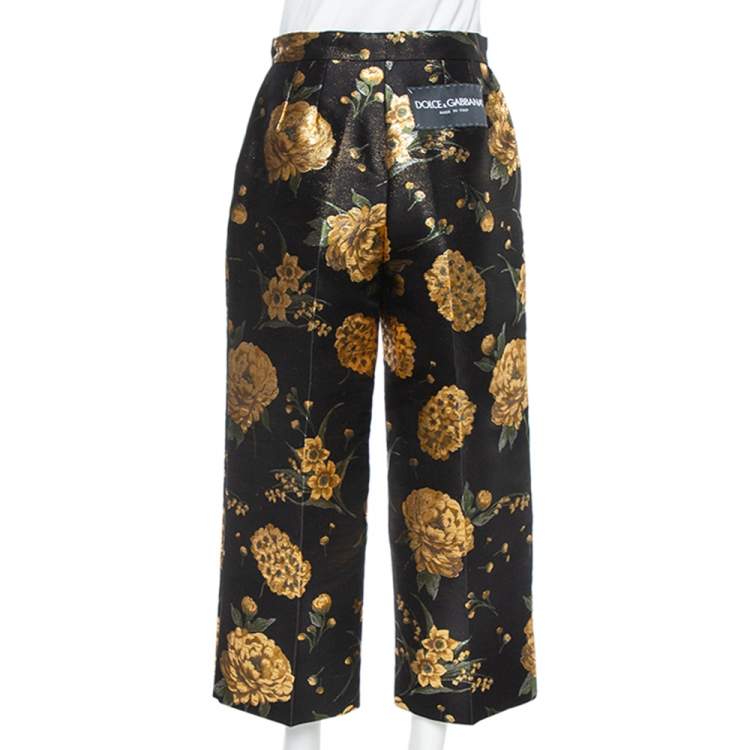 Pre Owned Dolce & Gabbana Black & Gold Floral Jacquard Cropped Trousers M