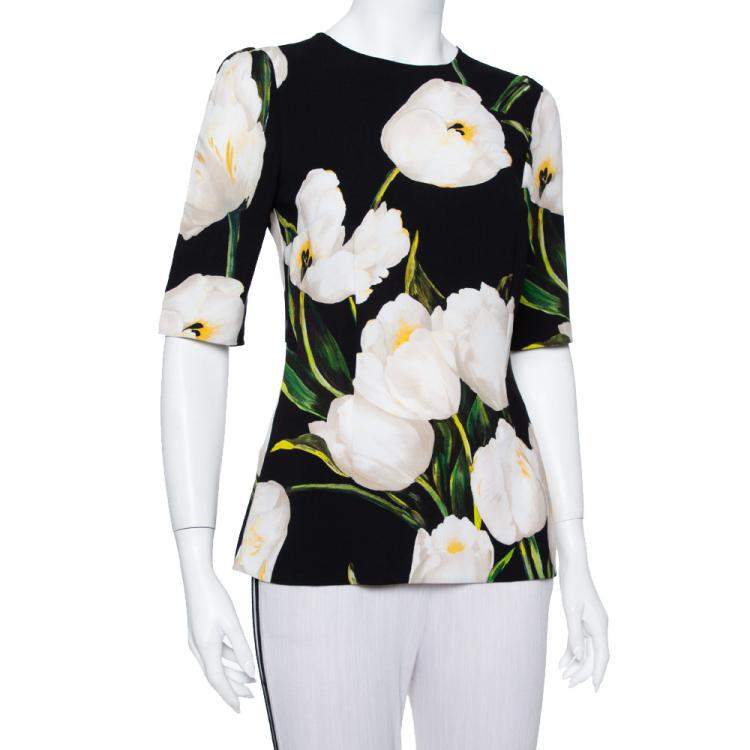 Pre Owned Dolce & Gabbana  Black Floral Printed Crepe Three Quarter Sleeve Top S