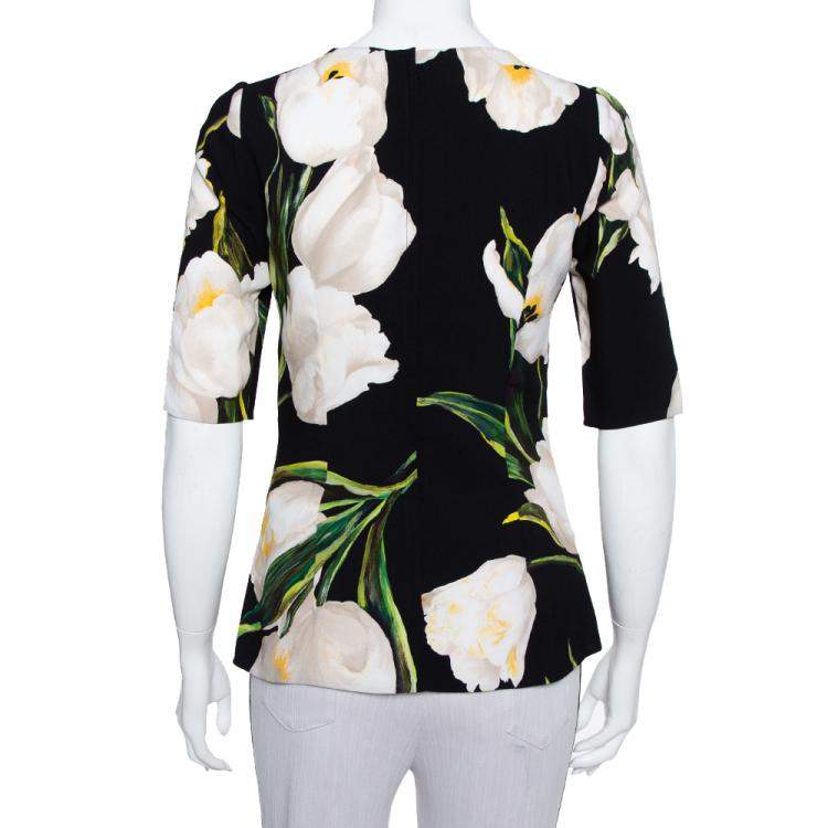 Pre Owned Dolce & Gabbana  Black Floral Printed Crepe Three Quarter Sleeve Top S