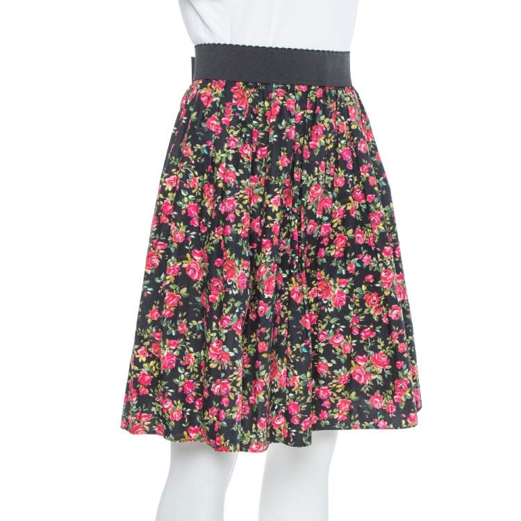 Pre Owned Dolce & Gabbana Black Floral Printed Cotton Flared Skirt M