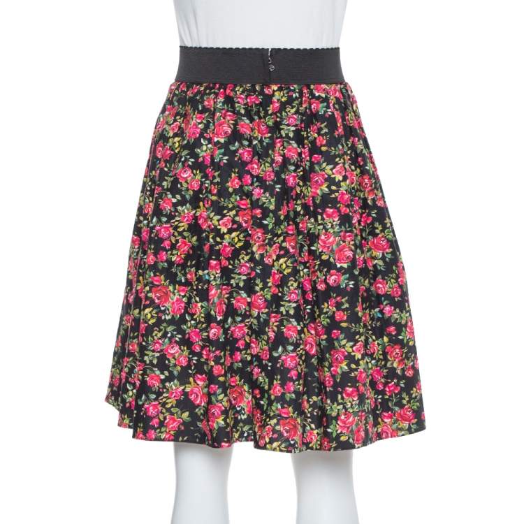 Pre Owned Dolce & Gabbana Black Floral Printed Cotton Flared Skirt M