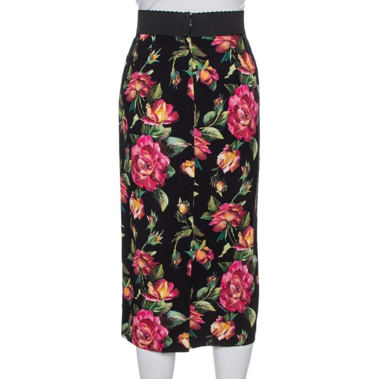 Pre Owned Dolce & Gabbana Black Floral Print Cady Pencil Skirt M