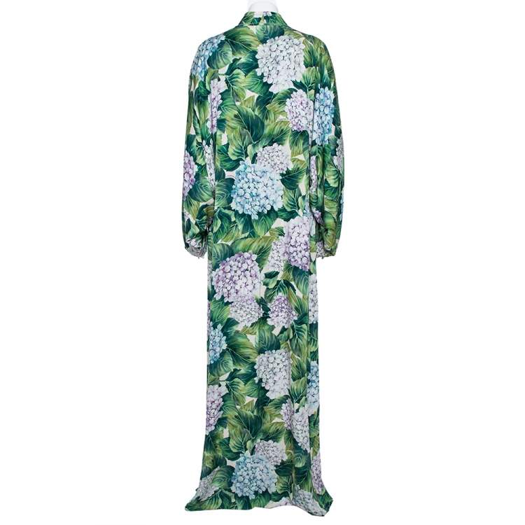 Pre Owned Dolce & Gabbana Green Ortensia Print Silk Maxi Robe Dress M