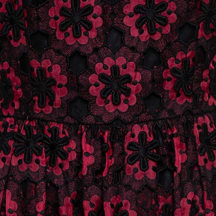Pre Owned Dolce & Gabbana Black & Maroon Floral Lace Applique Midi Dress M