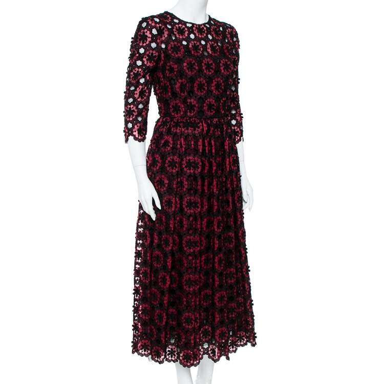 Pre Owned Dolce & Gabbana Black & Maroon Floral Lace Applique Midi Dress M