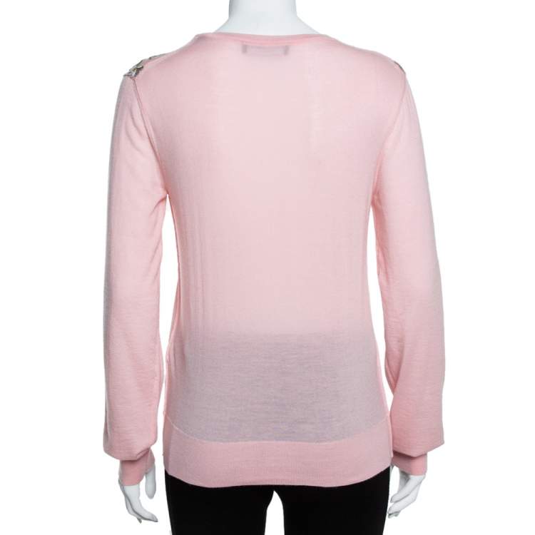 Pre Owned Dolce & Gabbana Pink Rose Applique Cashmere Pullover L
