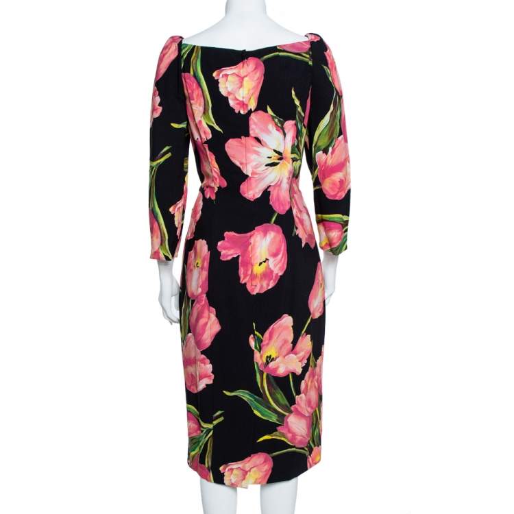 Pre Owned Dolce & Gabbana Black/Pink Nylon Blend Tulip Print Fitted Dress L