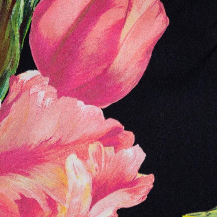 Pre Owned Dolce & Gabbana Black/Pink Nylon Blend Tulip Print Fitted Dress L