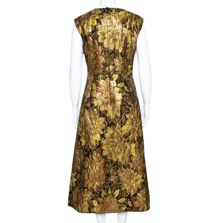 Pre Owned Dolce & Gabbana Gold Floral Jacquard Royal Embellished Midi Dress M
