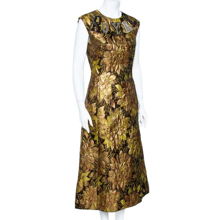 Pre Owned Dolce & Gabbana Gold Floral Jacquard Royal Embellished Midi Dress M