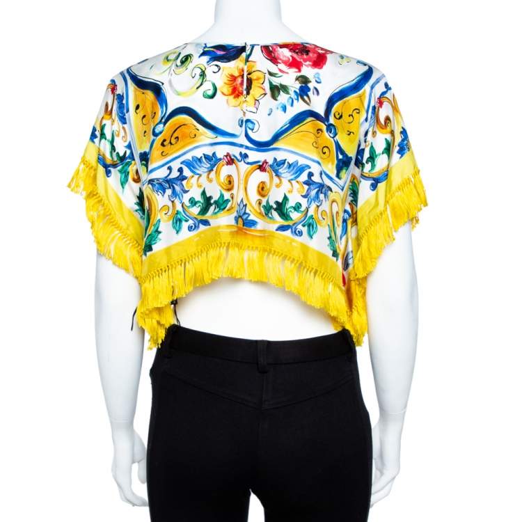 Pre Owned Dolce & Gabbana Yellow Majolica Print Silk Fringed Crop Top S