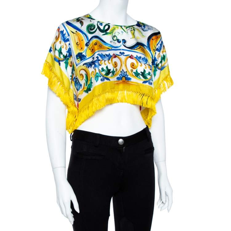 Pre Owned Dolce & Gabbana Yellow Majolica Print Silk Fringed Crop Top S