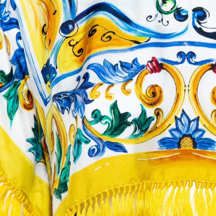 Pre Owned Dolce & Gabbana Yellow Majolica Print Silk Fringed Crop Top S