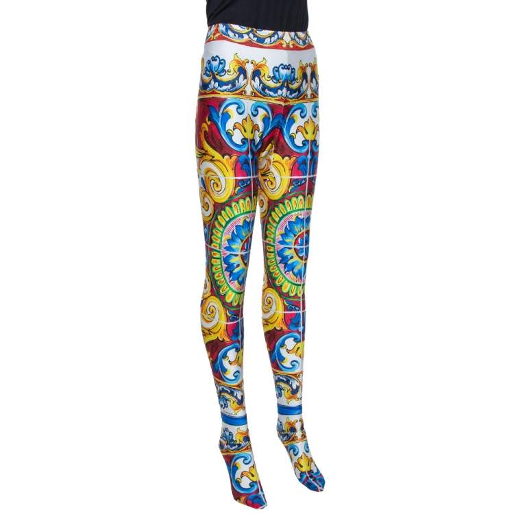 Pre Owned Dolce & Gabbana Multicolor Majolica Print Jersey Footed Leggings L