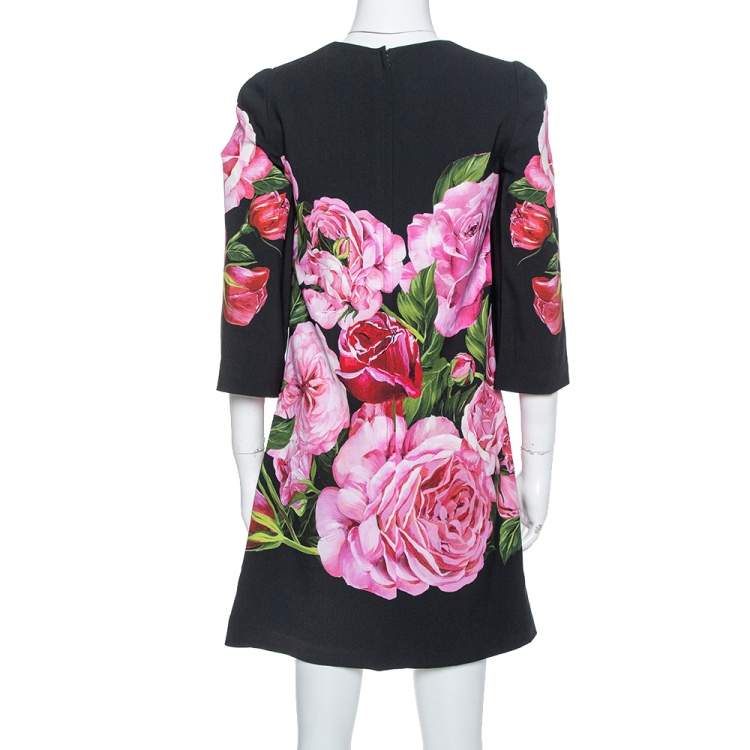 Pre Owned Dolce & Gabbana Black Rose Print Crepe Shift Dress S