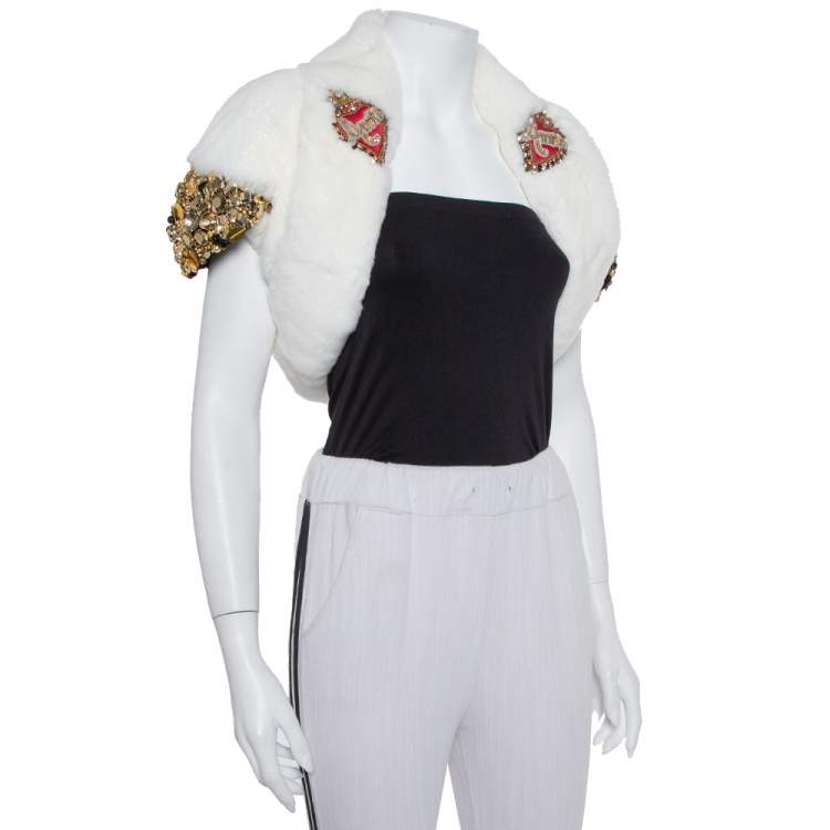Pre Owned Dolce & Gabbana White Fur Stone & Sequin Embellished Open Front Crop Jacket S