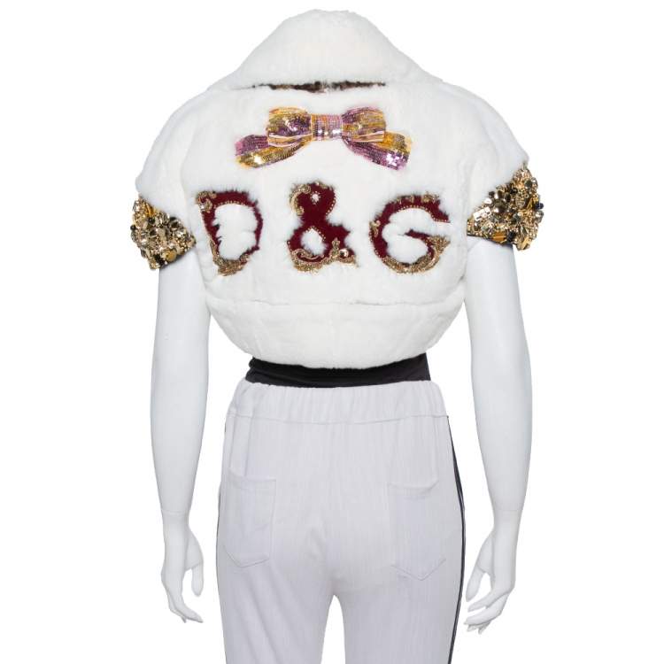 Pre Owned Dolce & Gabbana White Fur Stone & Sequin Embellished Open Front Crop Jacket S