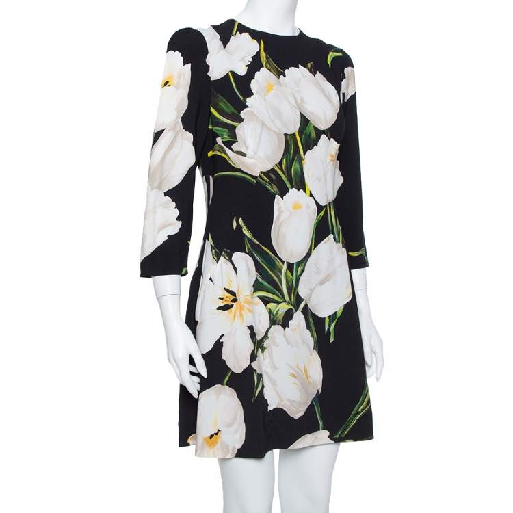 Pre Owned Dolce & Gabbana Black Printed Crepe Sheath Dress XL