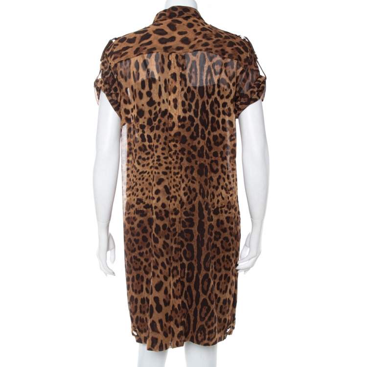 Pre Owned Dolce & Gabbana Brown Animal Printed Cotton Collared Shift Dress L