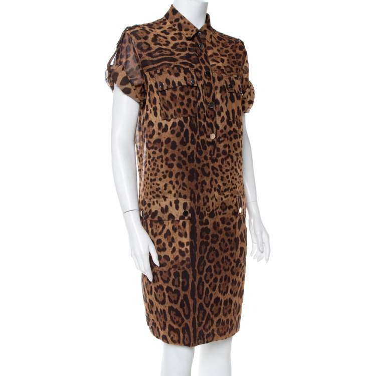 Pre Owned Dolce & Gabbana Brown Animal Printed Cotton Collared Shift Dress L