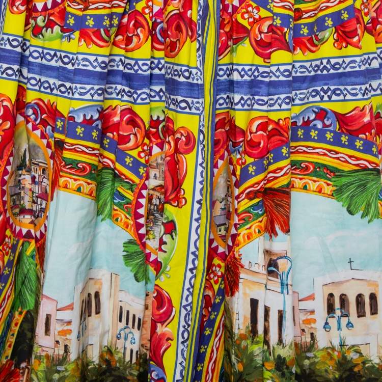 Pre Owned Dolce & Gabbana Multicolor Sicilian Postcard Printed Cotton Midi Skirt S