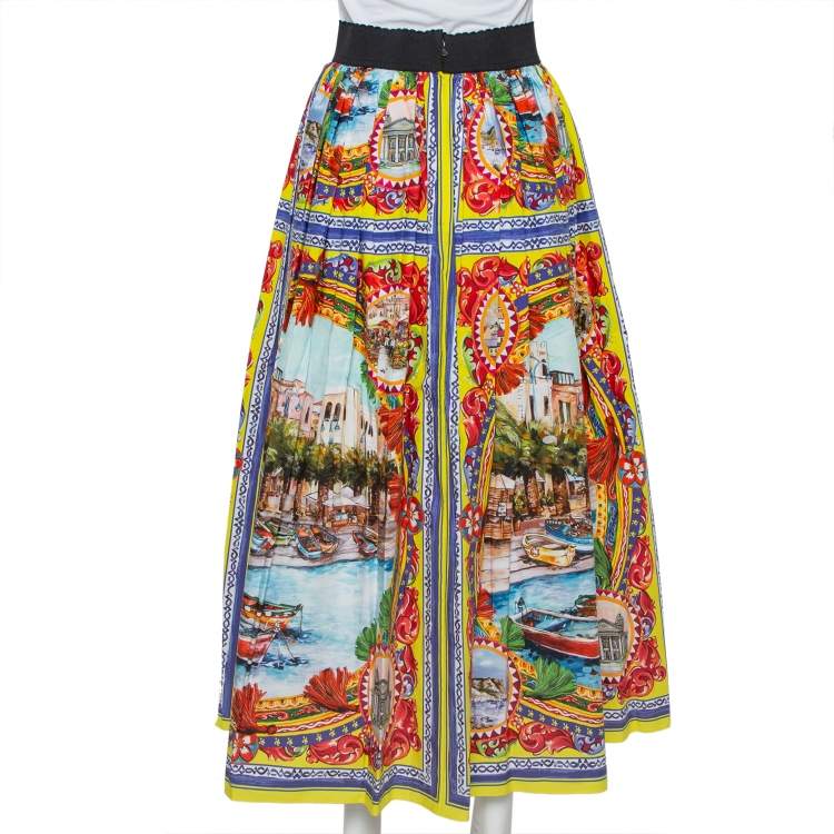 Pre Owned Dolce & Gabbana Multicolor Sicilian Postcard Printed Cotton Midi Skirt S
