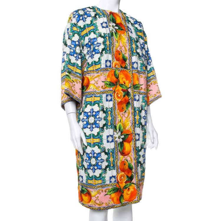 Pre Owned Dolce & Gabbana Multicolor Majolica Printed Textured Cotton Double Breasted Light Weight Coat L