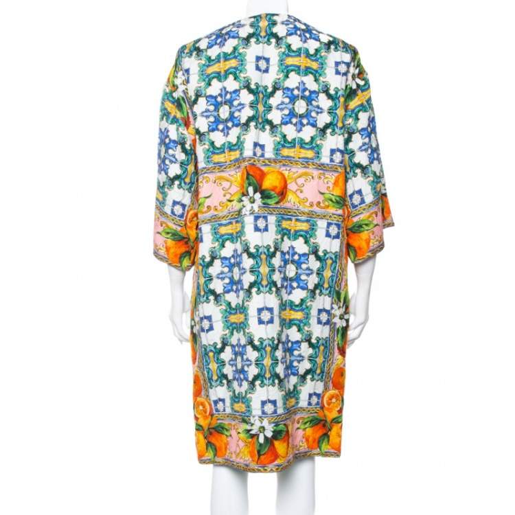 Pre Owned Dolce & Gabbana Multicolor Majolica Printed Textured Cotton Double Breasted Light Weight Coat L