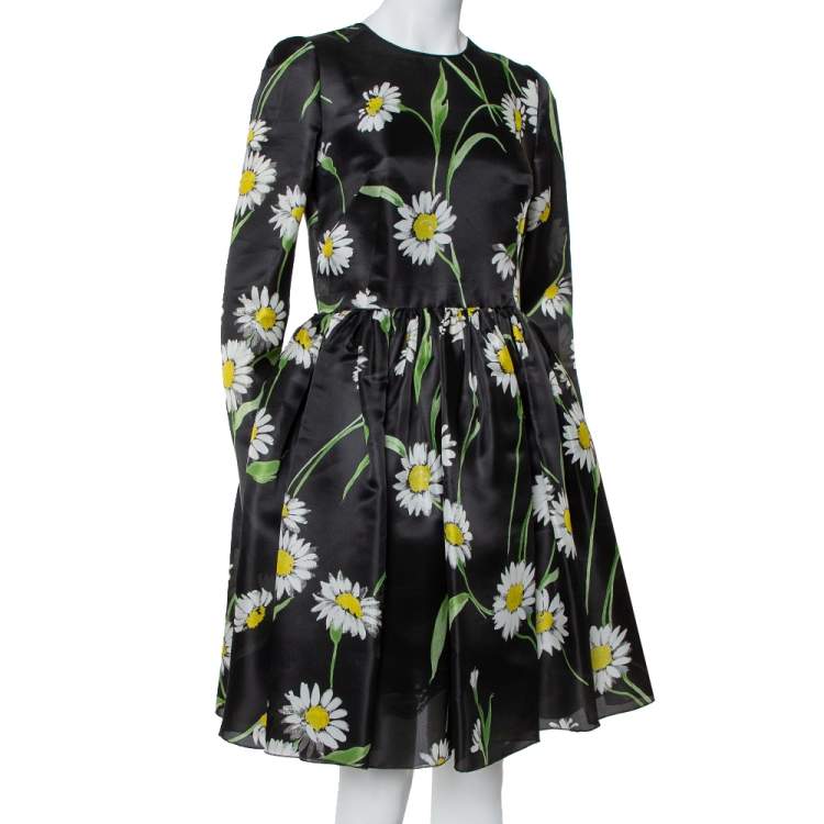 Pre Owned Dolce & Gabbana Black Sunflower Printed Silk Flared Dress M