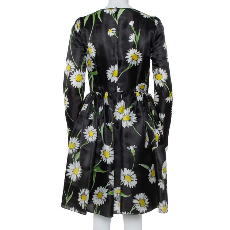 Pre Owned Dolce & Gabbana Black Sunflower Printed Silk Flared Dress M