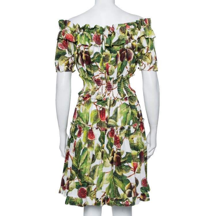 Pre Owned Dolce & Gabbana Green Fig Printed Cotton Off Shoulder Tiered Mini Dress M