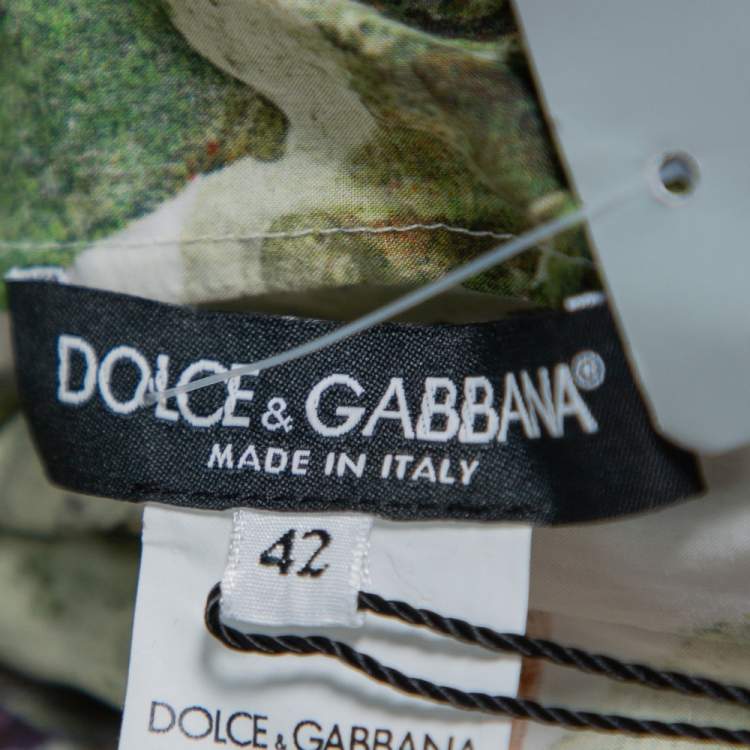 Pre Owned Dolce & Gabbana Green Fig Printed Cotton Off Shoulder Tiered Mini Dress M