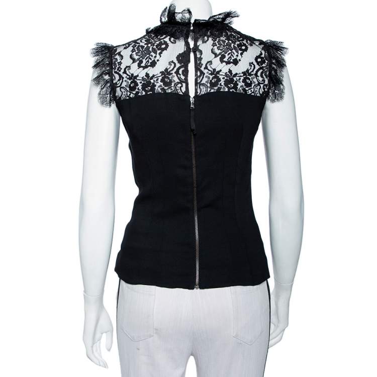 مملوكة مسبقًا D&G Black Lace & Crepe Paneled Bow Detail Sleeveless Top M