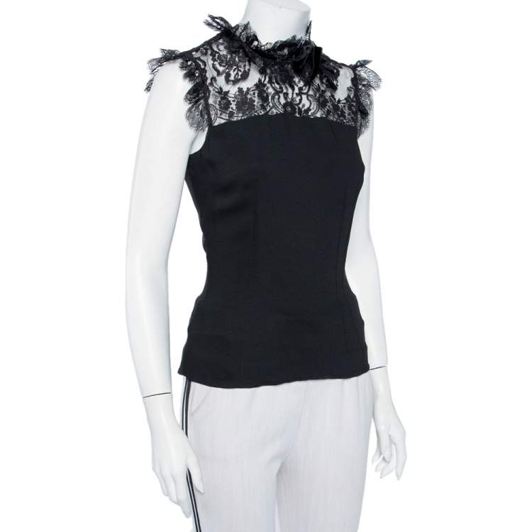 مملوكة مسبقًا D&G Black Lace & Crepe Paneled Bow Detail Sleeveless Top M