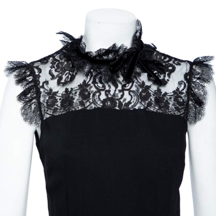 مملوكة مسبقًا D&G Black Lace & Crepe Paneled Bow Detail Sleeveless Top M