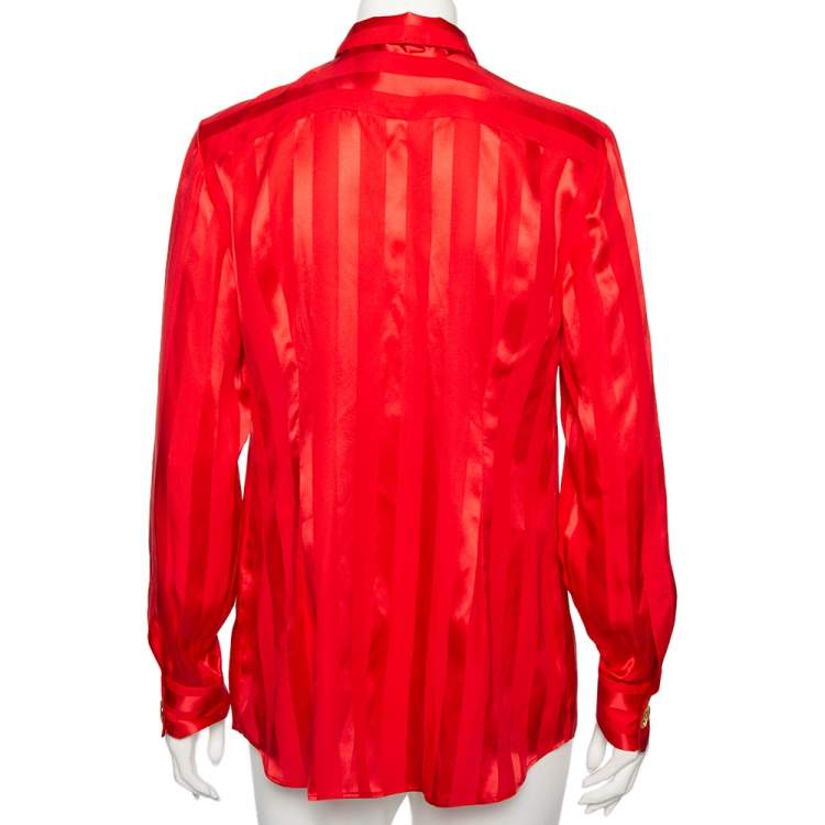 Pre Owned Dolce & Gabbana Red Striped Silk Neck Scarf Detail Button Front Shirt M