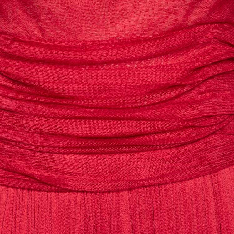 Pre Owned Dolce & Gabbana Red Silk Tulle Gathered Cocktail Dress M