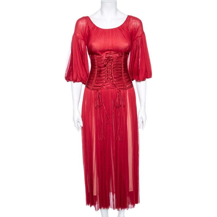 Pre Owned Dolce & Gabbana Red Silk Tulle Gathered Cocktail Dress M